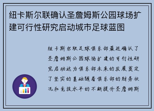 纽卡斯尔联确认圣詹姆斯公园球场扩建可行性研究启动城市足球蓝图